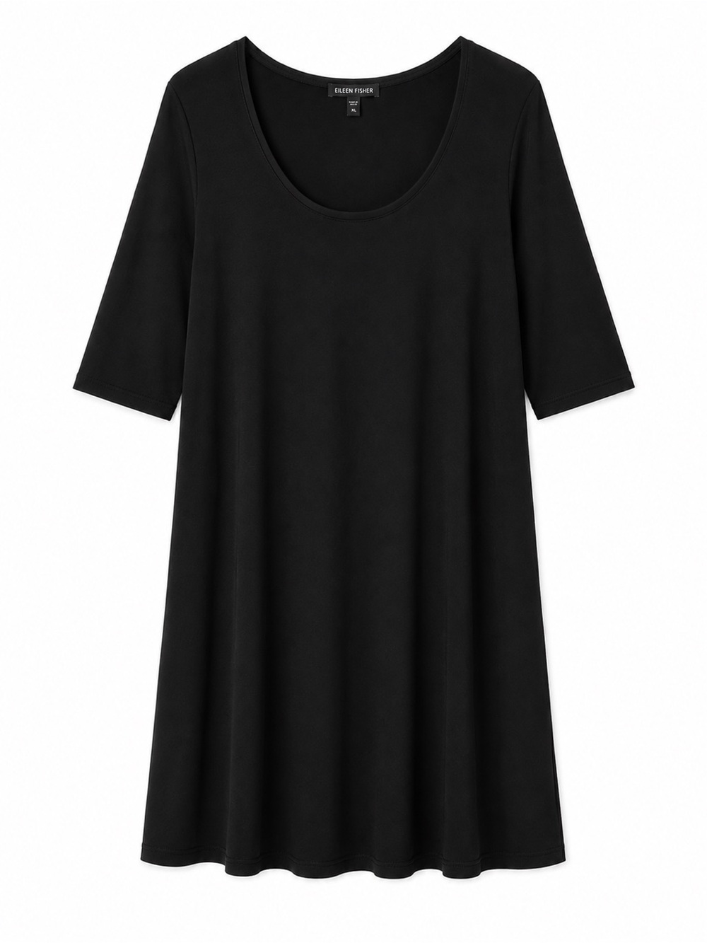 Eileen Fisher Black Jersey Shift Dress Large Minimalist Scoop Neck 3/4 Sleeve